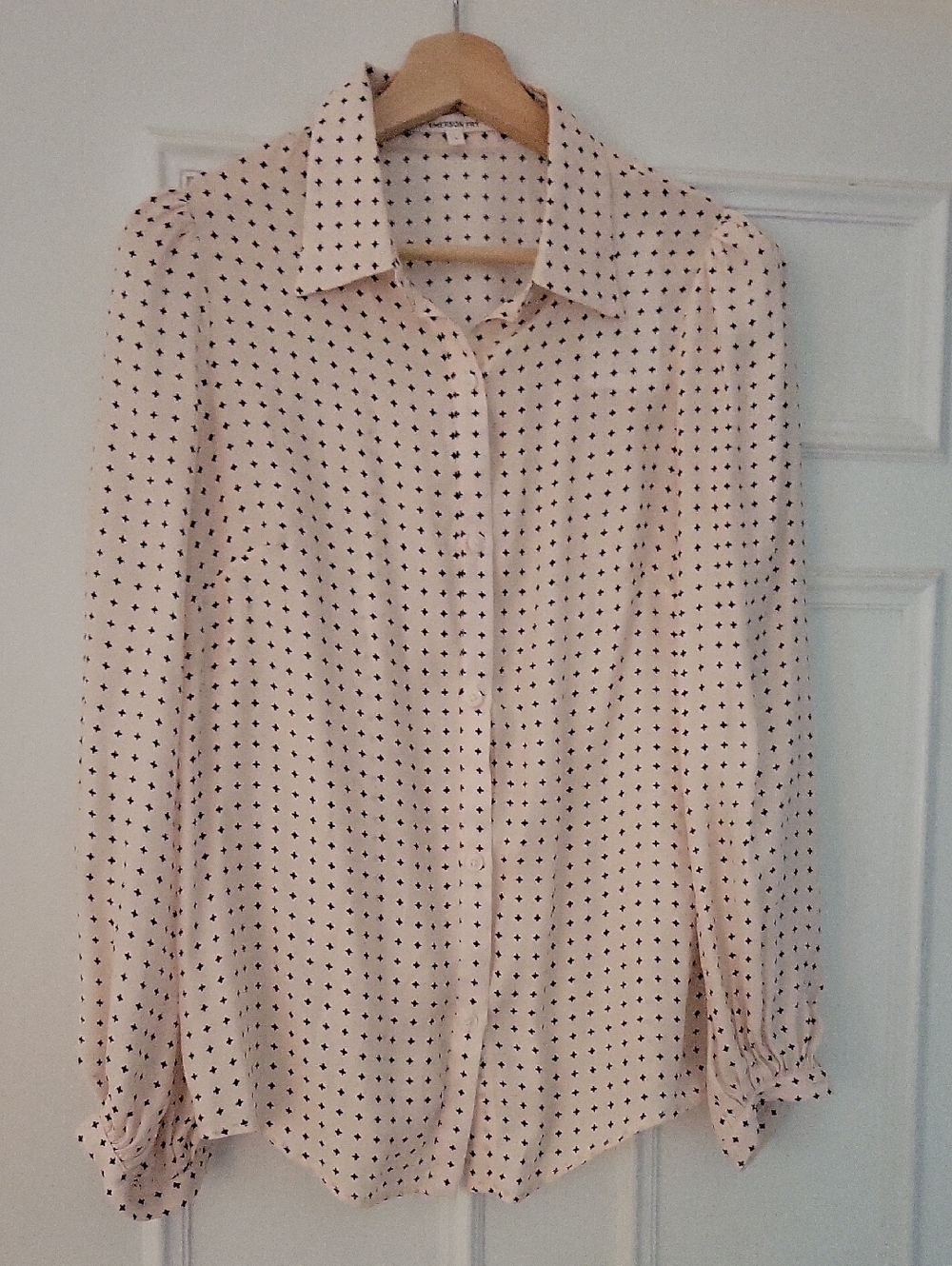 Emerson Fry Cream Silk Button-Down Blouse with Black Dot Print